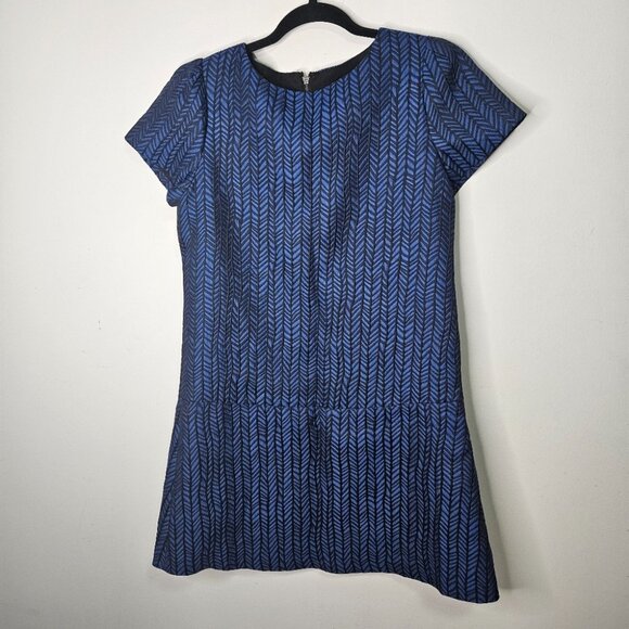 Alice + Olivia Liv Herringbone Jacquard Drop-Waist Dress Blue Black Size 8 Party - Picture 2 of 12
